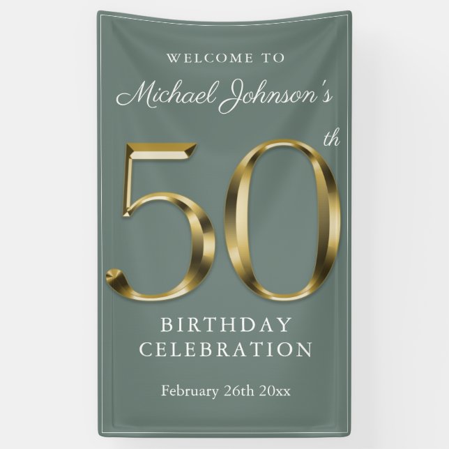 Banderoles Sage Green 50e Anniversaire Solid Gold Typographie (Vertical)