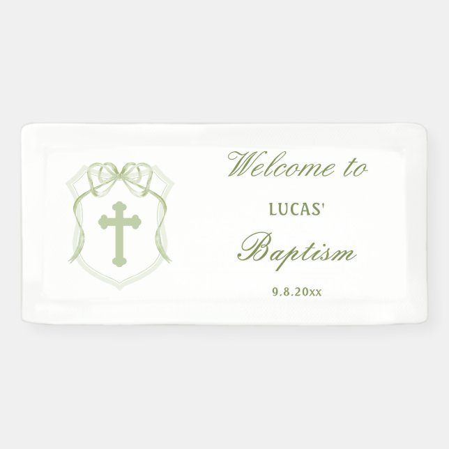 Banderoles Sage Green Bow Crest Baptême (Horizontal)