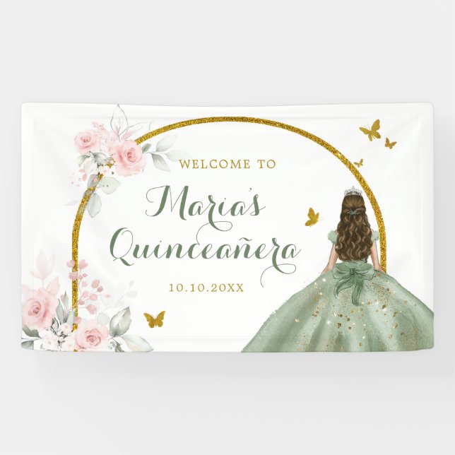 Banderoles Sage Green Gold Princesse Quinceañera Papillon (Horizontal)