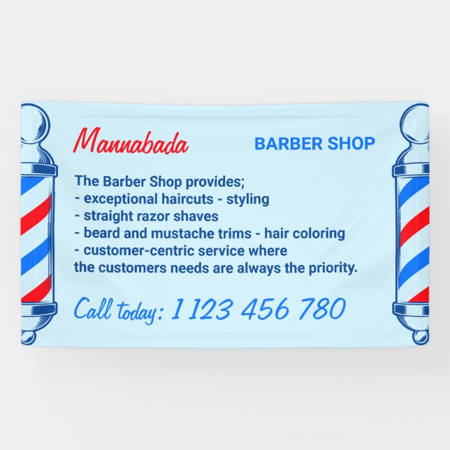 Banderoles Salon de coiffure Blue Navy Red Pole Supply Servic (Horizontal)