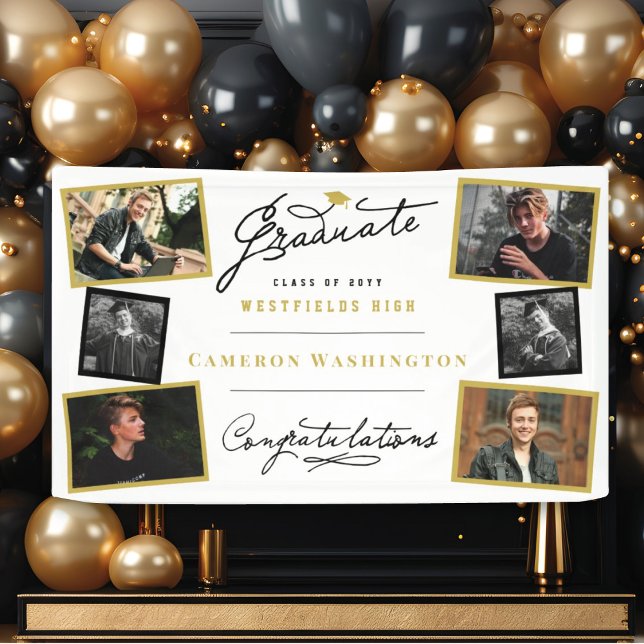 Banderoles Scénario de remise de diplômes élégant 6 Photo Fêt (Simple Stylish Graduate Script 6 Multi Photo Graduation Party Banner @ www.zazzle.com/color_therapy)