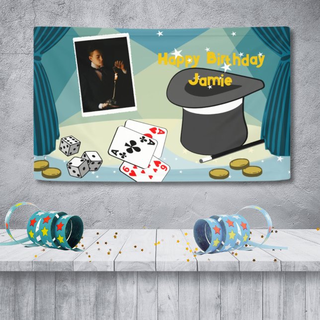 Banderoles Scène de spectacle de magie Joyeux anniversaire No (Magic Show Stage Happy Birthday Name Blue Banner, Custom Photo, Text, Color)