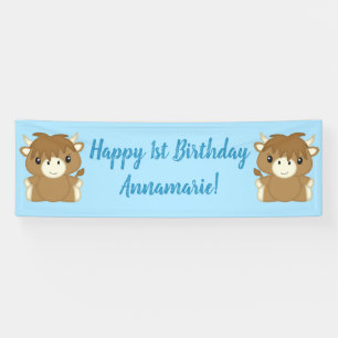Banderoles Scottish Highland Cow Anniversaire Party Blue