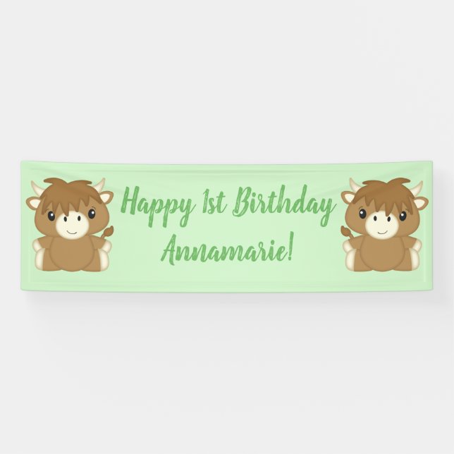 Banderoles Scottish Highland Cow fête d'anniversaire Green (Horizontal)