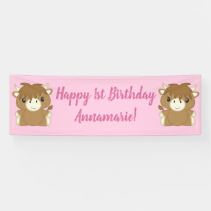 Banderoles Scottish Highland Cow fête d'anniversaire rose