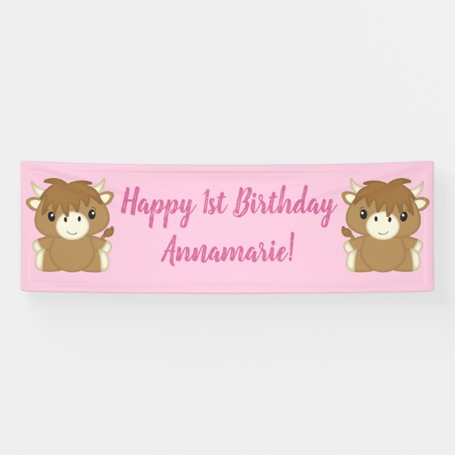 Banderoles Scottish Highland Cow fête d'anniversaire rose (Horizontal)