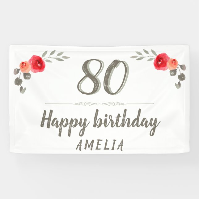Banderoles Script d'anniversaire 80 ans Fête Fleur rose aquar (Horizontal)