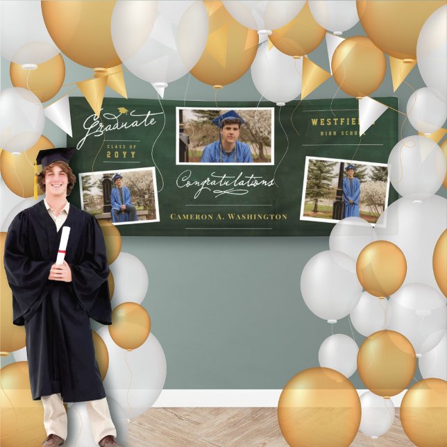 Banderoles Script de diplômé au tableau noir 3 Photo Fête de  (Green Chalkboard Graduate Script 3 Photo Graduation Party Banner @ www.zazzle.com/color_therapy)