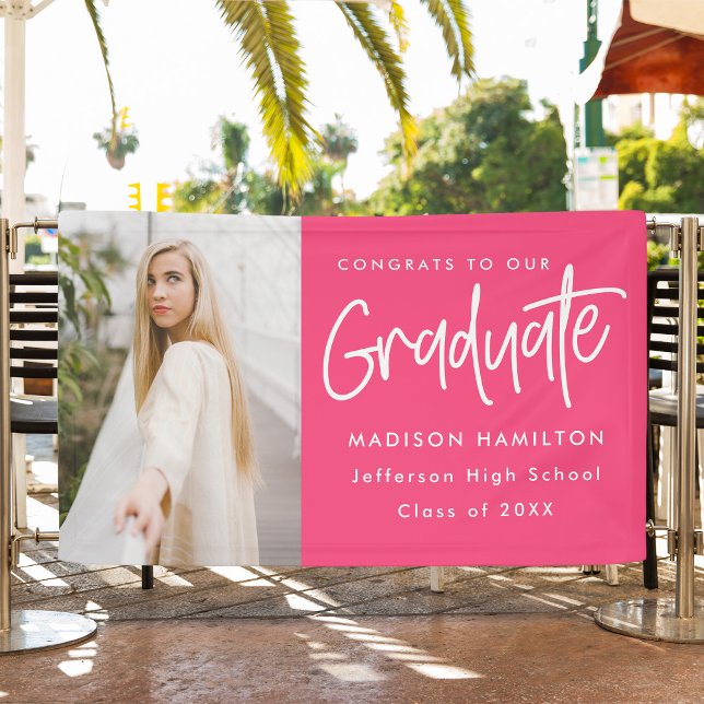 Banderoles Script Preppy Hot Pink Photo Graduation (Créateur téléchargé)