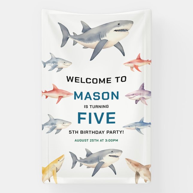 Banderoles Shark Splash 5th Birthday | Cute Ocean Kids (Verticale)