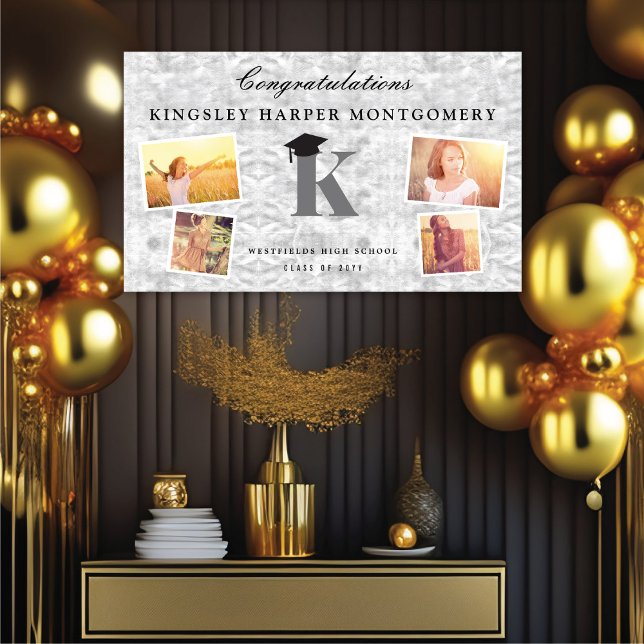Banderoles Silver Foil Monogramme 4 Photo Stylish Grad Party (Silver Faux Foil Name Monogram 4 Photo Chic Graduation Party Banner @ www.zazzle.com/color_therapy)