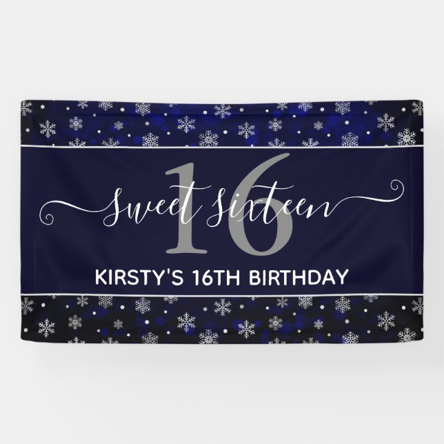 Banderoles Silver Foil Snowflakes & blue bokeh Sweet 16 (Horizontal)