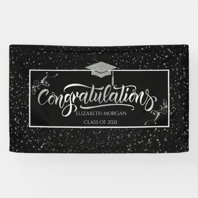 Banderoles SilverGlitter Graduate Casquette, Confetti Noir (Horizontal)