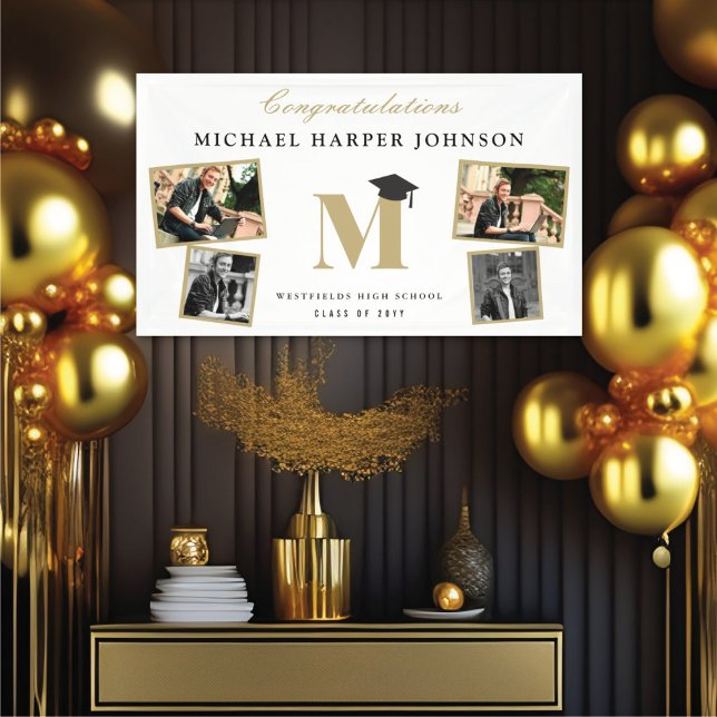 Banderoles Simple Classic Monogramme 4 Photo Graduation Party (Simple Classic Gold / White Monogram 4 Photo Graduation Party Banner @ www.zazzle.com/color_therapy)