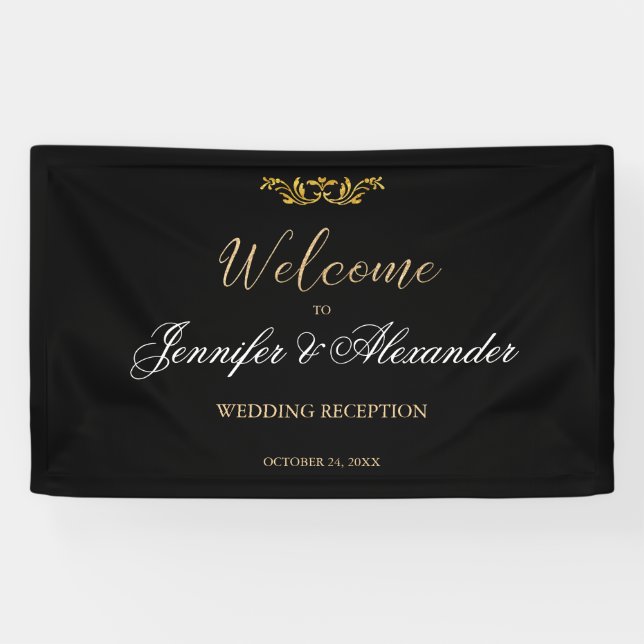 Banderoles Simple éditable luxe noir or mariage d'accueil (Horizontal)