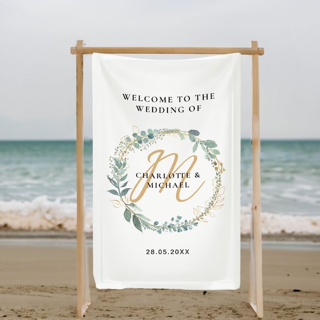 Banderoles Simple, élégant, monogramme mariage eucalyptus (Simple, elegant, botanical, monogram, eucalyptus wreath, white wedding banner.)