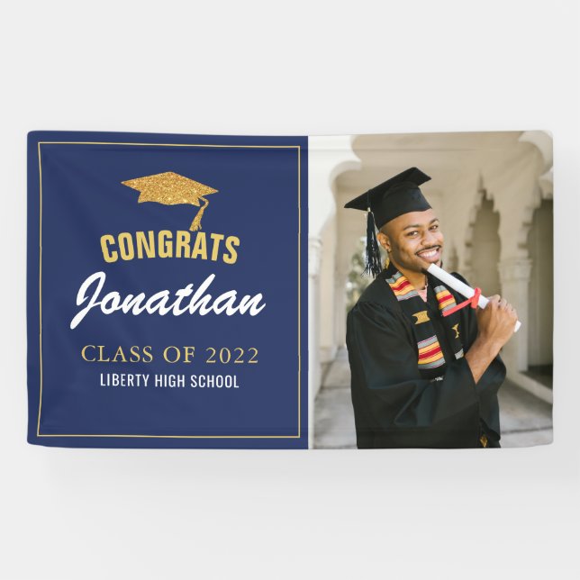 Banderoles Simple Modern Navy Blue Photo Graduation (Horizontal)