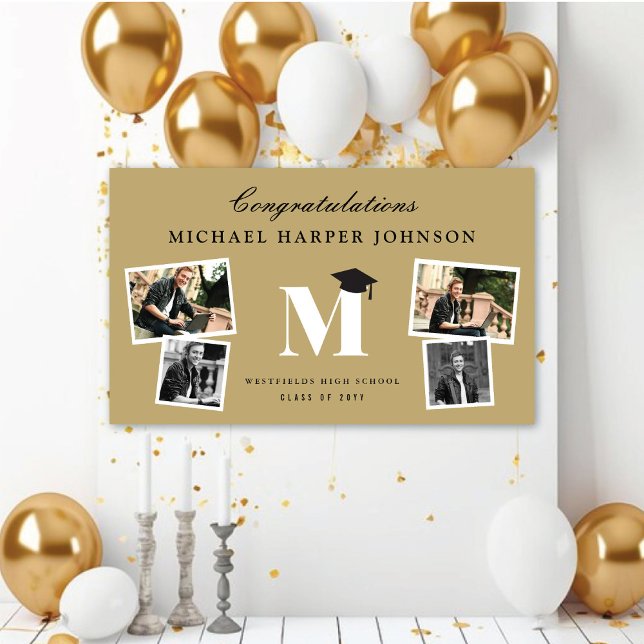 Banderoles Simple Monogramme Classique Fête de Remise des Dip (Simple Classic Name Monogram Modern 4 Photo Graduation Party Banner @ www.zazzle.com/color_therapy)