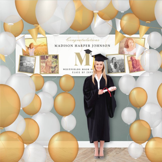 Banderoles Simple Monogramme Classique Fête de Remise des Dip (Simple Classic Monogram 6 Photo Graduation Party Banner by fatfatin @ www.zazzle.com/color_therapy)