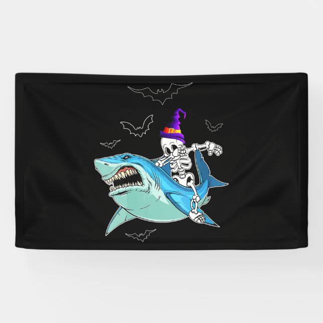 Banderoles Skeleton équitation requin drôle - Crazy Halloween (Horizontal)