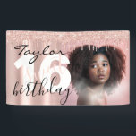 Banderoles Sleek Chic 16th Birthday Photo Script Rose Gold<br><div class="desc">Sleek Chic 16th Birthday Photo Script Rose Gold rose poutre élégante Bannière</div>