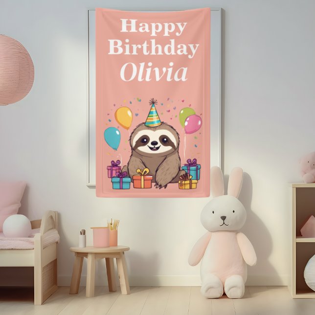 Banderoles Sloth Girl Joyeux Anniversaire rose Personnalisé (Sloth birthday party banner in pink for your child's birthday party.)
