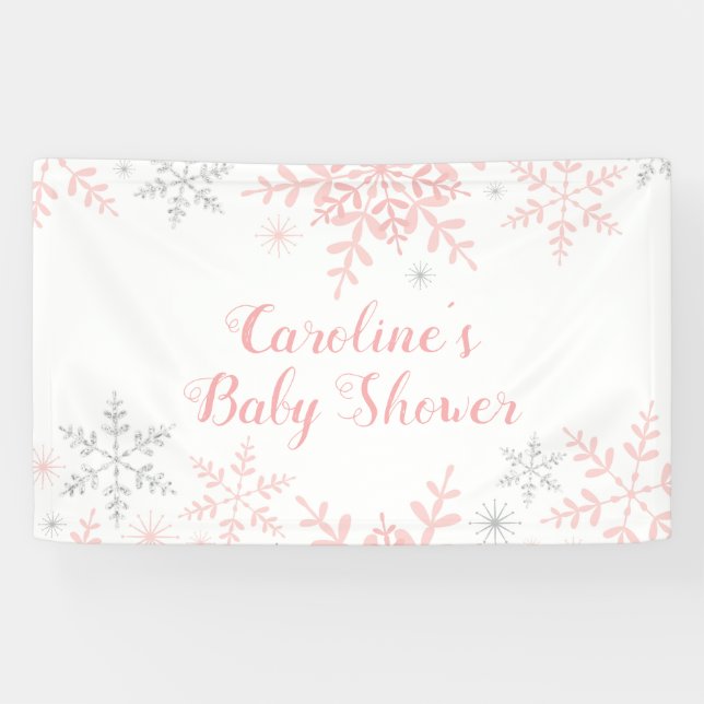 Banderoles Snowflakes Baby Girl Douche rose et Parties scinti (Horizontal)
