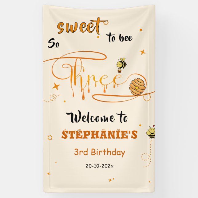 Banderoles So Sweet To Bee Three Cute Honey Bee 3rd Birthday (Vertical)
