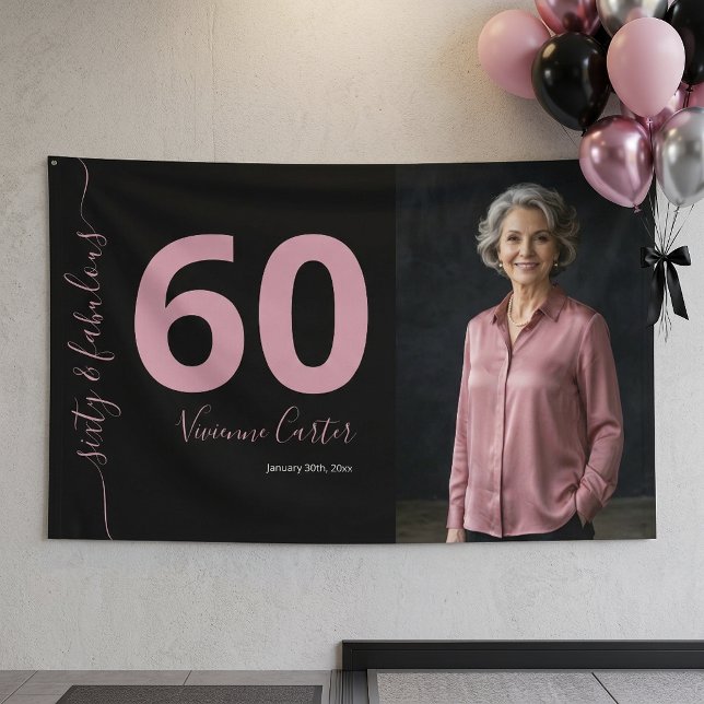 Banderoles Soixante ans et Fabuleux Script Rose Fête d'annive (Sixty and Fabulous Script Pink 60th Birthday Party Banner)