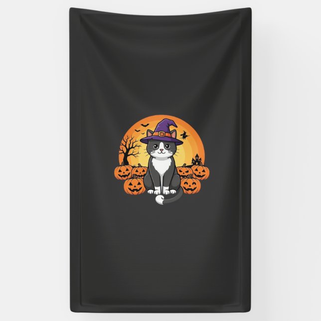 Banderoles Sorcière de Halloween Chat Citrouille Lune Design_ (Vertical)
