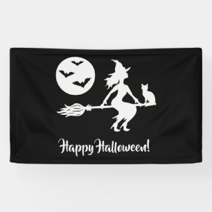 Banderoles Sorcière Sur Un Balai Noir Et Blanc Joyeux Hallowe