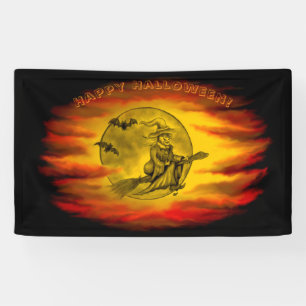 Banderoles Sorcière volante avec chat noir, nuit d'Halloween