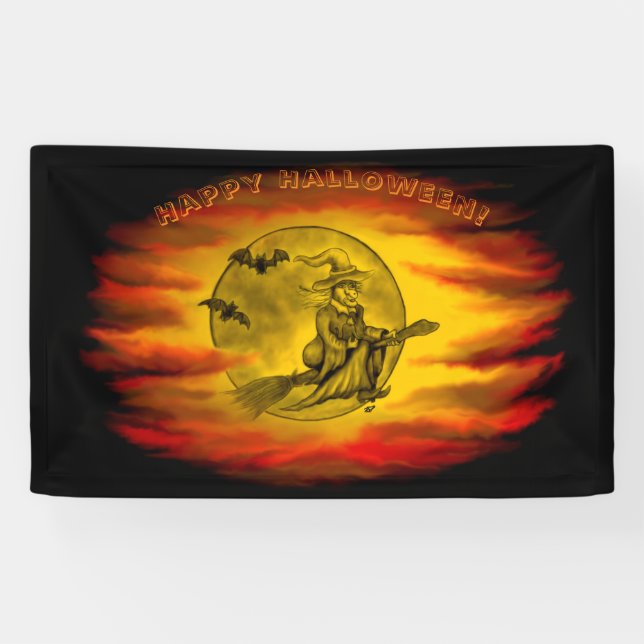 Banderoles Sorcière volante avec chat noir, nuit halloween (Horizontal)
