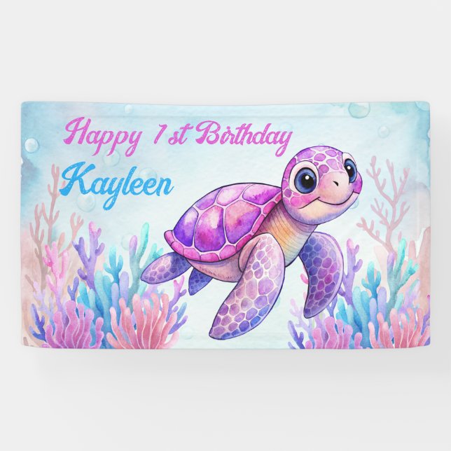 Banderoles Sous la mer mignonne tortue rose heureux anniversa (Horizontal)