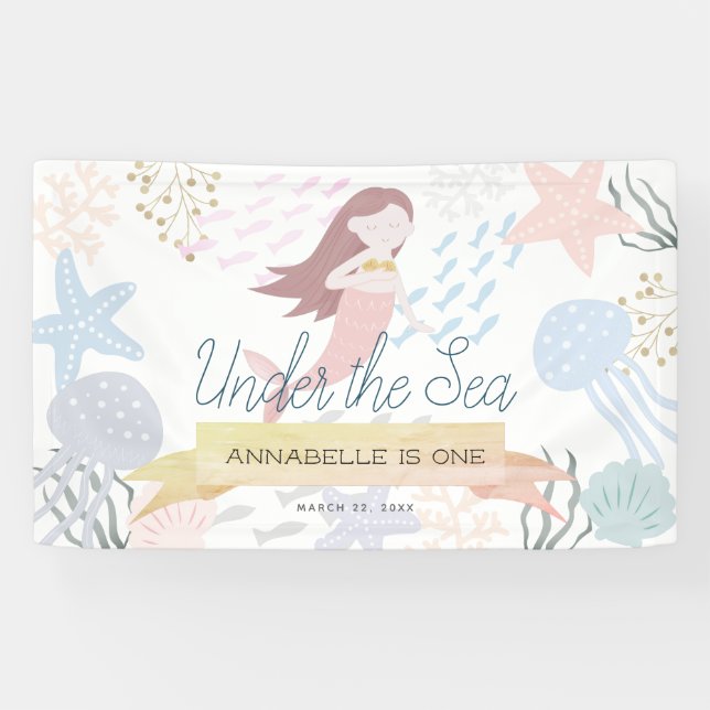 Banderoles Sous la mer Sirène blanc Anniversaire (Horizontal)