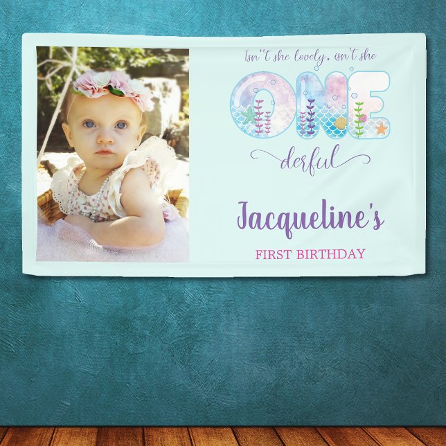 Banderoles Sous les Sea Girls 1er anniversaire (Under the sea blue girls 1st birthday party wall banner with photo.)