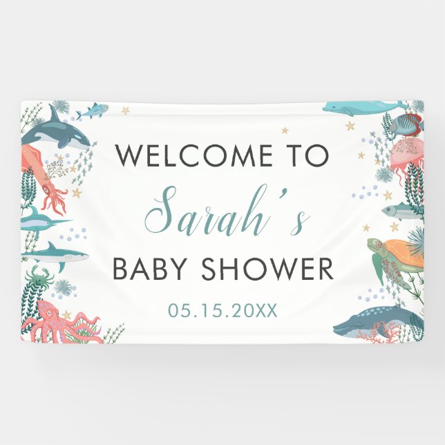 Banderoles Sous Mer Cute Baby shower Océan RSVP fond (Horizontal)