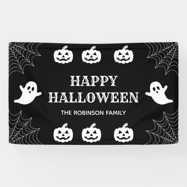 Banderoles Spider Web Custom Black & White Happy Halloween (Horizontal)
