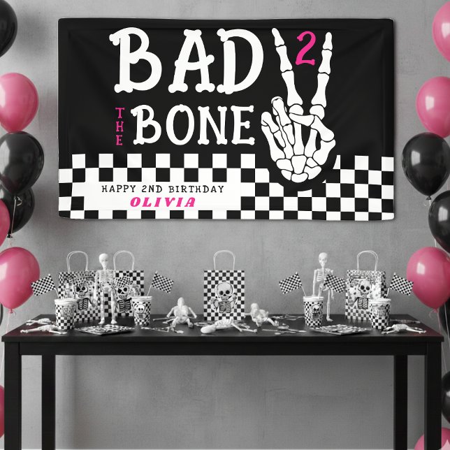 Banderoles Squelette Bad 2 the Bone Fête d'anniversaire rose  (Bad 2 the Bone Skeleton Pink 2nd Birthday Party Banner
)