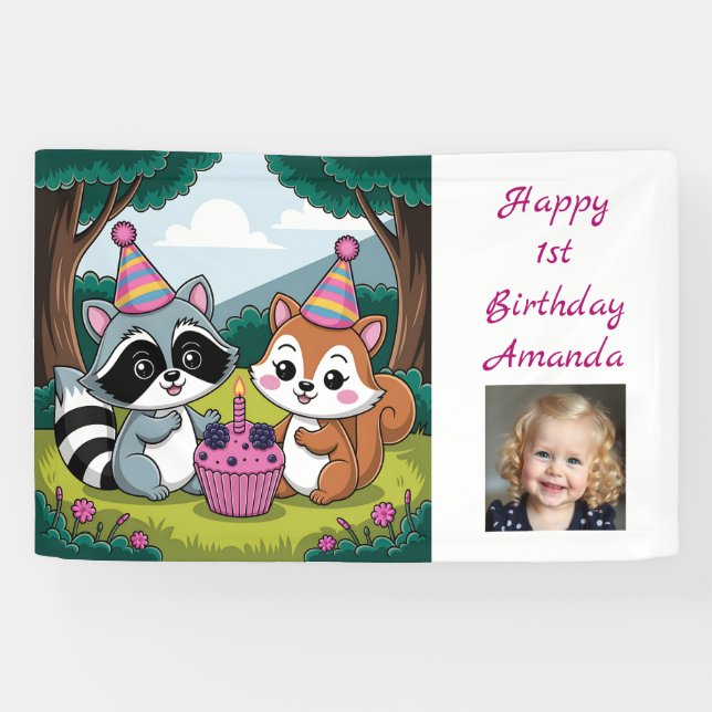 Banderoles Squirrel and Raccoon cute Birthday Personalized (Horizontal)
