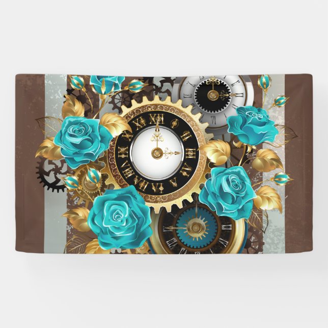 Banderoles Steampunk Clock and Turquoise Roses on Striped (Horizontal)