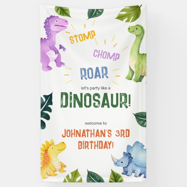 Banderoles Stomp Chomp Roar Dinosaur 3e fête d'anniversaire (Vertical)
