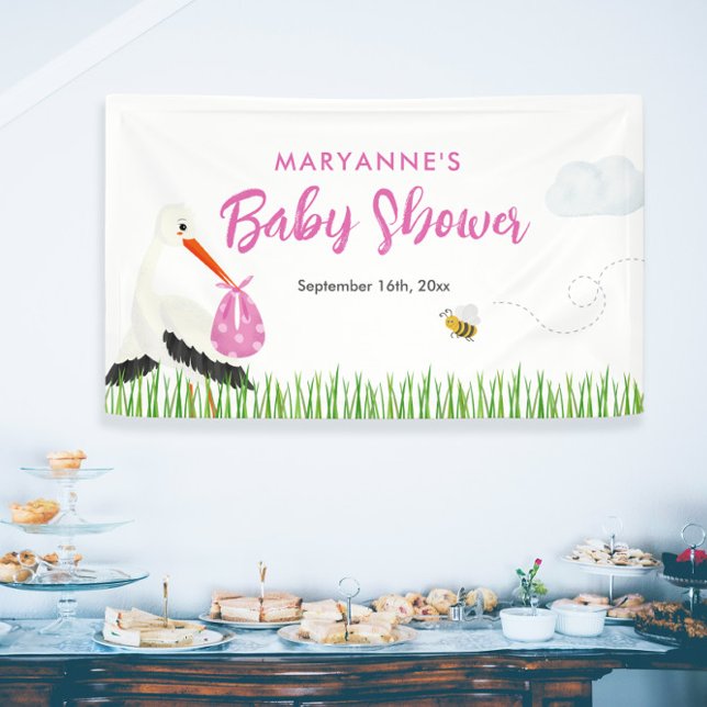 Banderoles Stores rustique avec Baby shower de fille d'abeill (Cute rustic stork drawing banner for baby shower for girl)