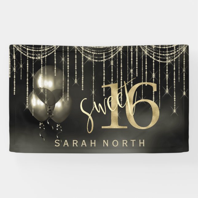 Banderoles String Lights & Balloons Sweet 16 Black/Gold ID473 (Horizontal)