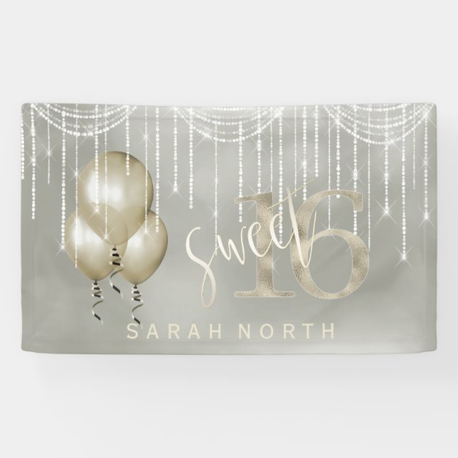 Banderoles String Lights & Balloons Sweet 16 Champagne ID473 (Horizontal)