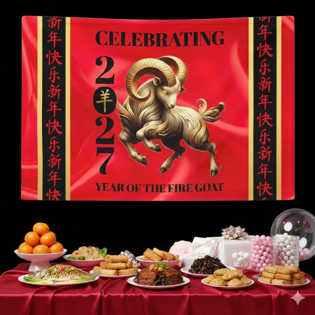 Banderoles Stunning Red Gold Chinese Year of Fire Goat 2027 (Stunning Chinese Year of the Fire Goat 2027 Vinyl Banner Cover Photo)