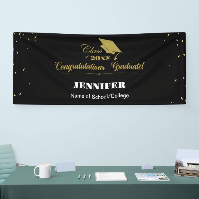 Banderoles Stylish Black Gold Script Congrats Graduation 2025 (Salon professionnel)