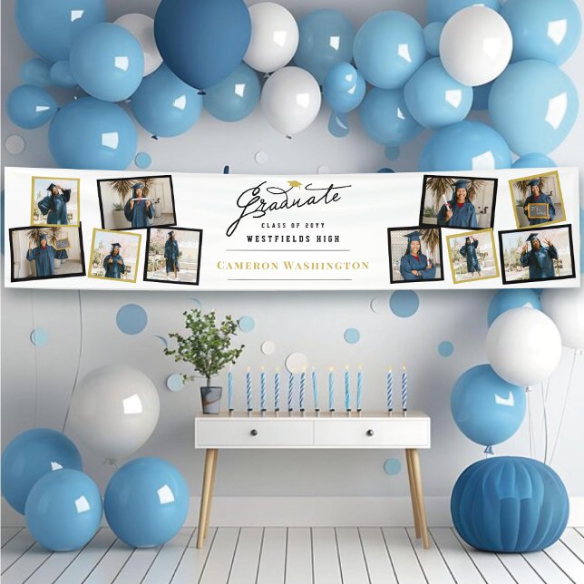 Banderoles Stylish Graduate Script 10 Photo Graduation Party (Simple Stylish Graduate Script 10 Multi Photo Graduation Party Banner @ www.zazzle.com/color_therapy)