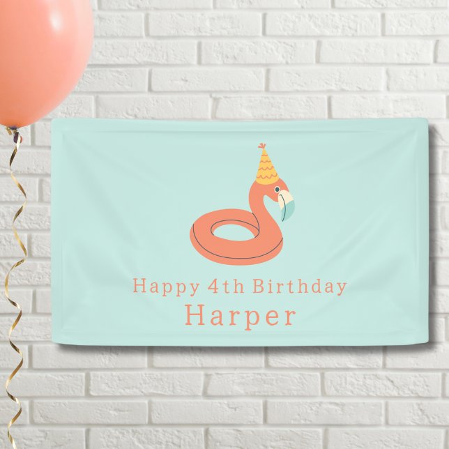Banderoles summer flamingo float kids birthday pool party (flamingo happy birthday pool party personalized name large banner sign)
