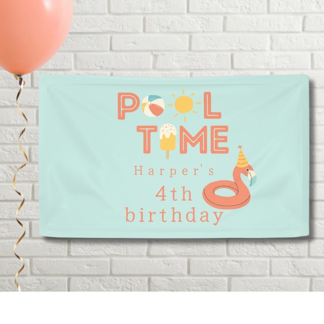 Banderoles summer flamingo popsicle kids birthday pool party (pool time flamingo sun popsicle beach ball birthday pool party personalized banner sign)